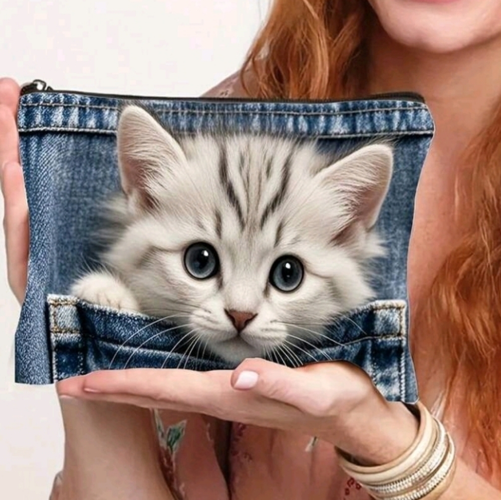 Cute Whit Gray Cat Print Blue Zip Pouch Purse